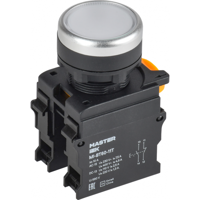 Кнопка с фиксацией IEK MASTER MI-BT60-11T-3-21-K01 d=22мм 1NO+1NC белая MI-BT60-11T-33-21-K01