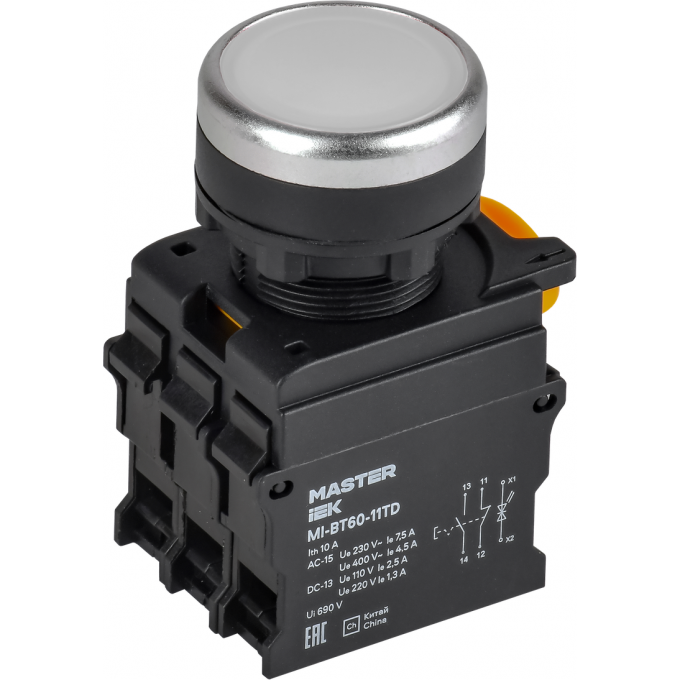 Кнопка с подсветкой и фиксацией IEK MASTER d=22мм 1NO+1NC белая MI-BT60-11TD-3-11-K01